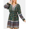 Ethnic Print Patchwork Lantern Sleeve Elastic Waist Midi Dress