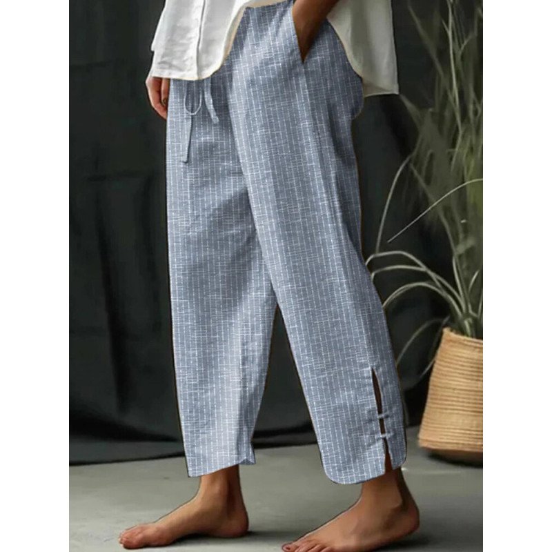 Women Striped Split Cuff Drawstring Waist Casual Cropped Pants