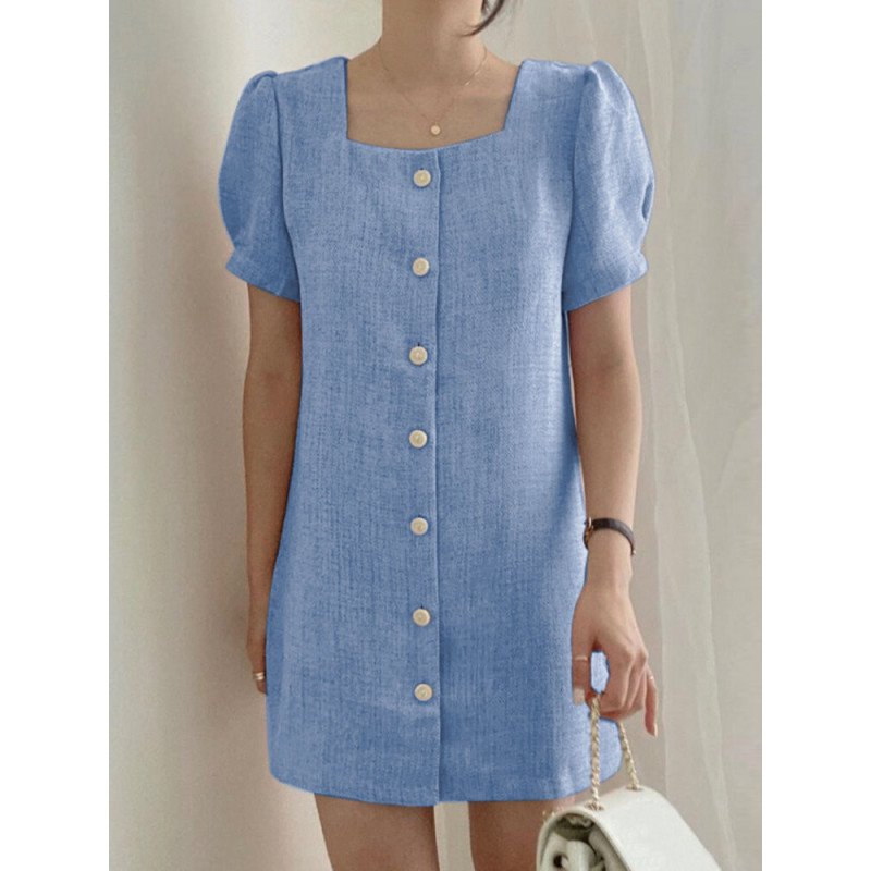 Solid Square Collar Puff Sleeve Button Front Casual Dress