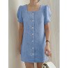 Solid Square Collar Puff Sleeve Button Front Casual Dress