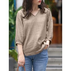 Solid Slit High-low V-neck 3/4 Sleeve Blouse