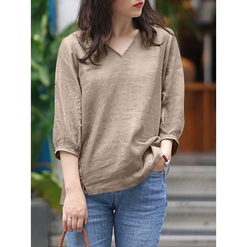 Solid Slit High-low V-neck 3/4 Sleeve Blouse