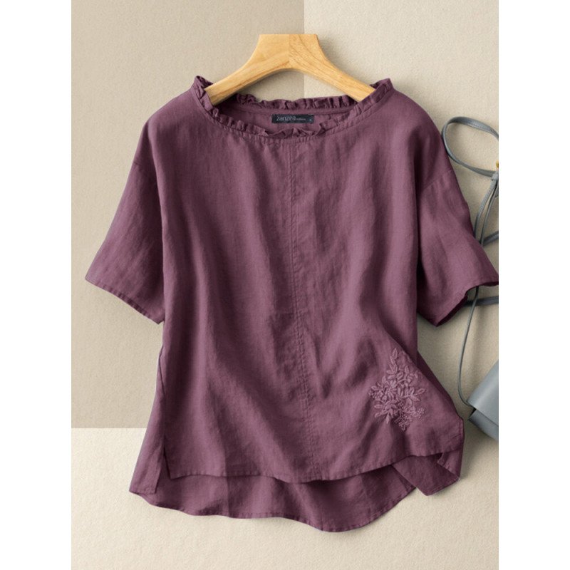 Embroidered Lettuce-Edge Split Short Sleeve Casual Cotton Blouse