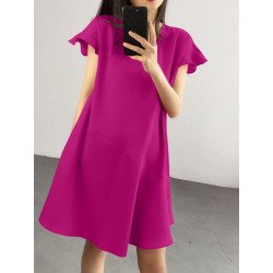 Solid Ruffle Sleeve V-neck A-line Casual Women Dress