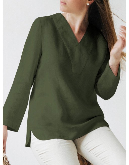 Cotton Solid Split V Neck Long Sleeve Casual Blouse SKUJ34816
