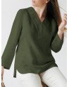 Cotton Solid Split V Neck Long Sleeve Casual Blouse SKUJ34816