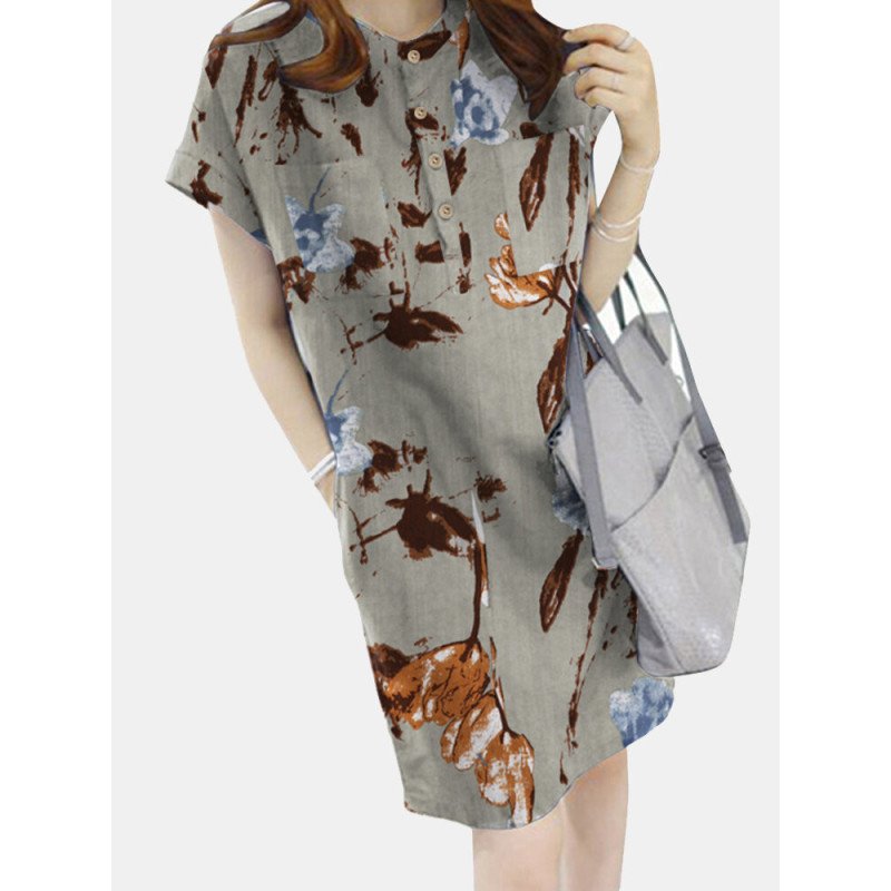 Plants Print Pocket Short Sleeve Belt Button Front Dress