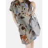 Plants Print Pocket Short Sleeve Belt Button Front Dress