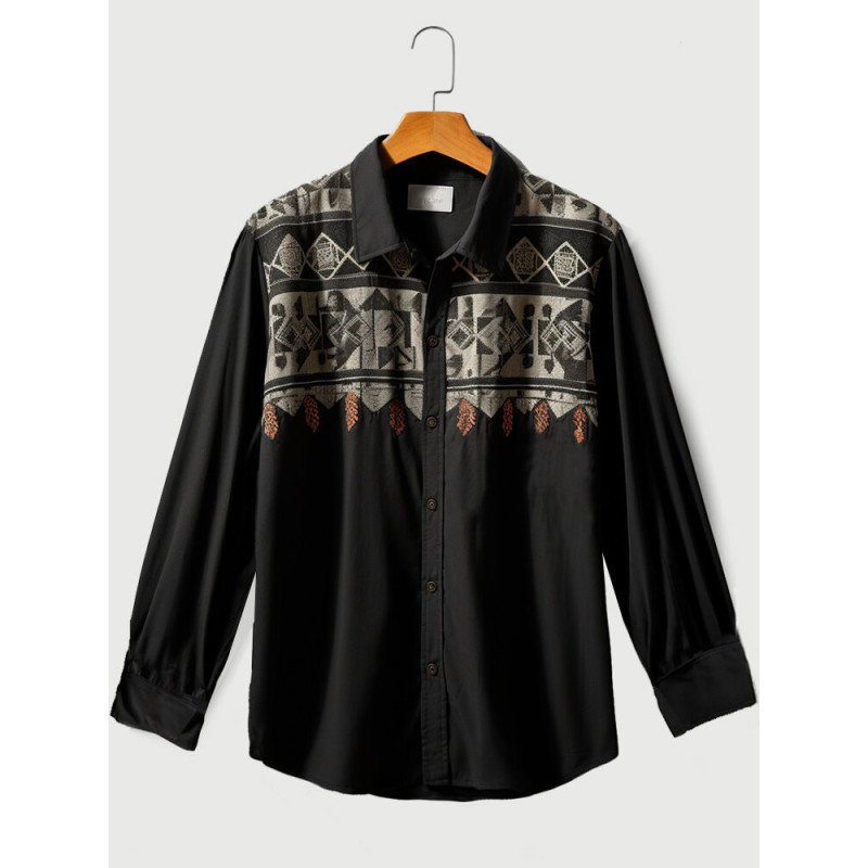 Mens Vintage Argyle Print Button Up Ethnic Long Sleeve Shirts