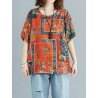 Plaid Letter Print Short Sleeve Round Neck Casual Blouse