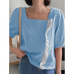 Check Print Lace Panel Short Sleeve Square Collar Blouse