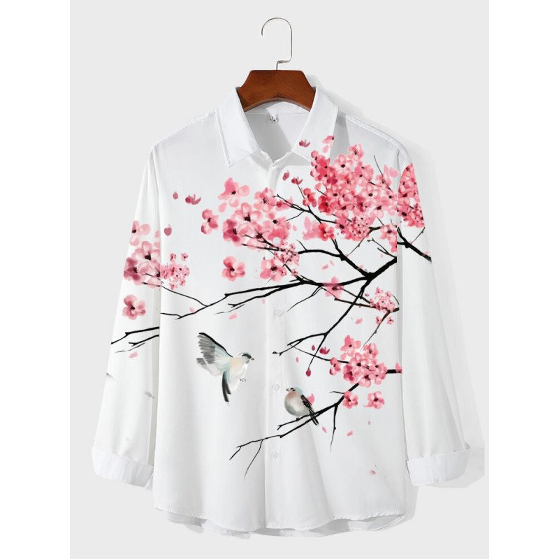 Mens Chinese Floral Bird Print Lapel Long Sleeve Shirts