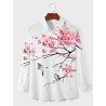 Mens Chinese Floral Bird Print Lapel Long Sleeve Shirts