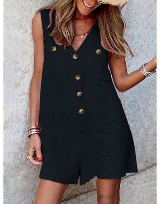 Solid Pocket Button Sleeveless V Neck Casual Romper