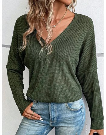 Women Solid V-Neck Waffle Knit Cotton Long Sleeve T-Shirt