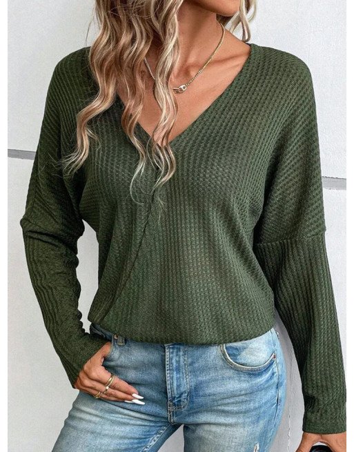Women Solid V-Neck Waffle Knit Cotton Long Sleeve T-Shirt