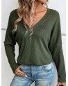 Women Solid V-Neck Waffle Knit Cotton Long Sleeve T-Shirt