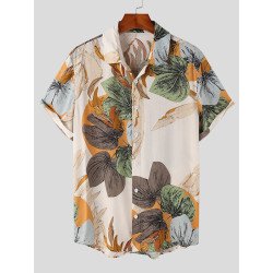 Mens Plant Print Lapel Short Sleeve Shirt