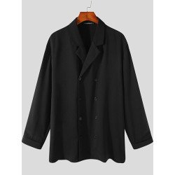 Plus Size Mens Solid Color Double Breasted Lapel Casual Long Sleeve Shirts