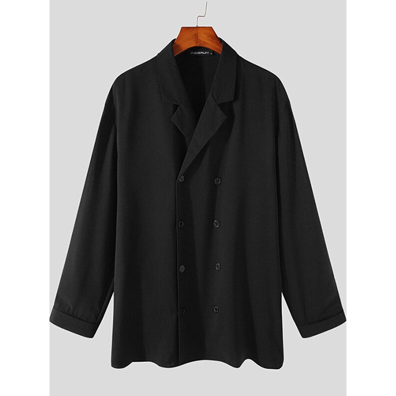 Plus Size Mens Solid Color Double Breasted Lapel Casual Long Sleeve Shirts