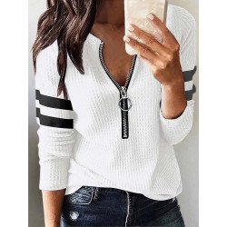 Women Striped Patchwork Half Zip Waffle Knit Cotton T-Shirt