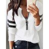 Women Striped Patchwork Half Zip Waffle Knit Cotton T-Shirt