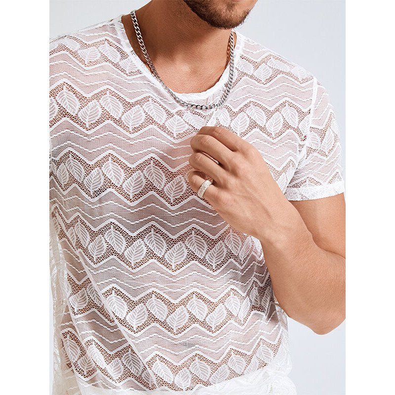 Men Lace Crew Neck Short Sleeve T-Shirt