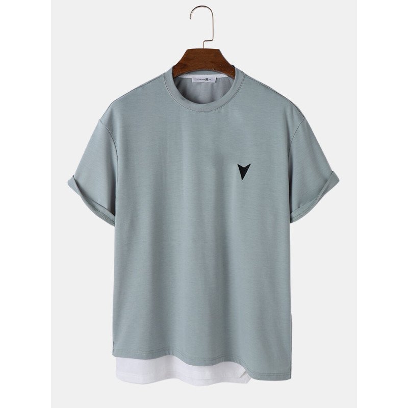 Mens Embroidered Contrast Patchwork Hem Side Zip Short Sleeve T-Shirts