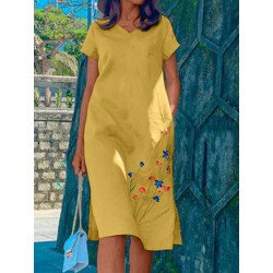 Women Floral Embroidered V-Neck Side Split Cotton Dress