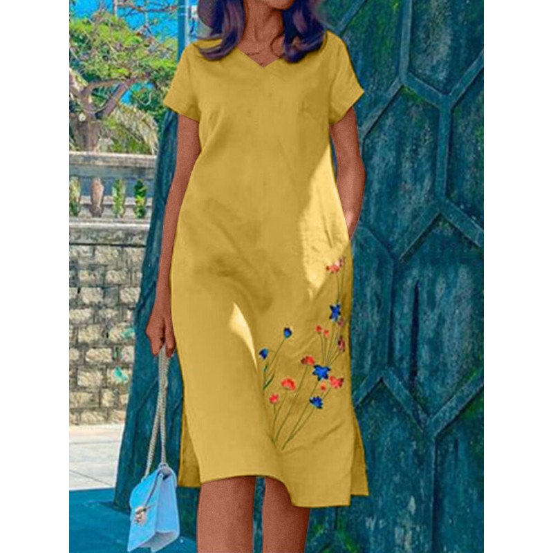 Women Floral Embroidered V-Neck Side Split Cotton Dress