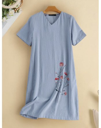 Women Floral Embroidered V-Neck Cotton Short Sleeve Dress