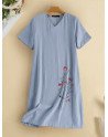 Women Floral Embroidered V-Neck Cotton Short Sleeve Dress