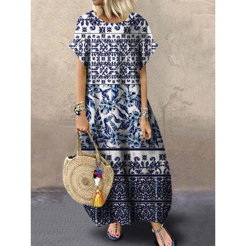 Ethnic Floral Print Crew Neck Short Sleeve Maxi Dress