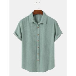 Mens Corduroy Solid Color Button Up Daily Short Sleeve Shirts