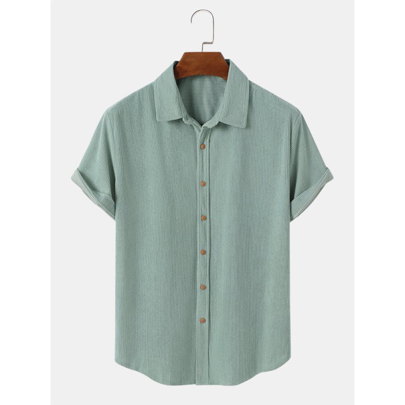 Mens Corduroy Solid Color Button Up Daily Short Sleeve Shirts