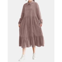 Solid Color Corduroy Patchwork Button Loose Casual Dress