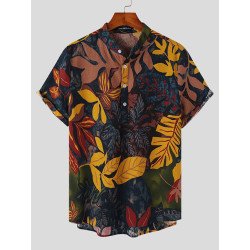 Mens Vintage Plant Print Half Button 100%Cotton Henley Shirt