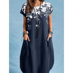 Women Floral Print Crew Neck Cotton Short Sleeve Dress