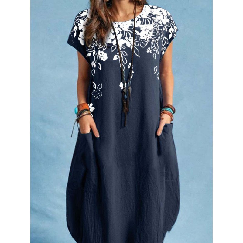 Women Floral Print Crew Neck Cotton Short Sleeve Dress