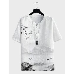 Mens Chinese Crane Landscape Ink Painting Notched Neck Texture T-Shirts