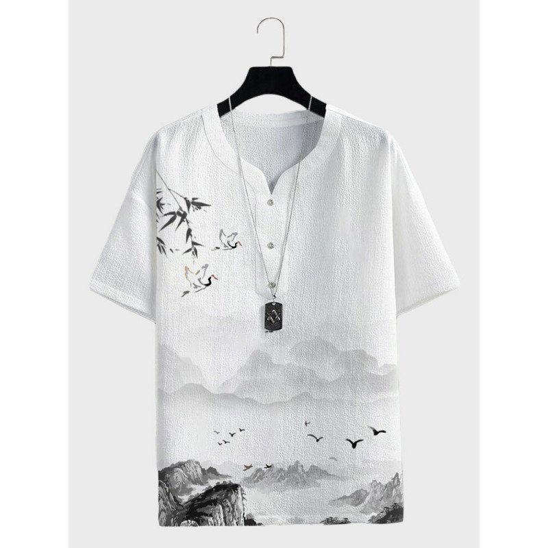Mens Chinese Crane Landscape Ink Painting Notched Neck Texture T-Shirts
