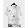 Mens Chinese Crane Landscape Ink Painting Notched Neck Texture T-Shirts