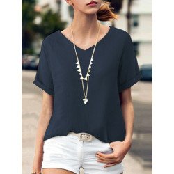 Women Solid High-low Hem V-neck Short Sleeve T-shirt