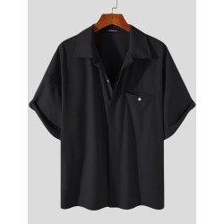 Plus Size Mens Solid Concealed Placket Lapel Casual Short Sleeve Shirts