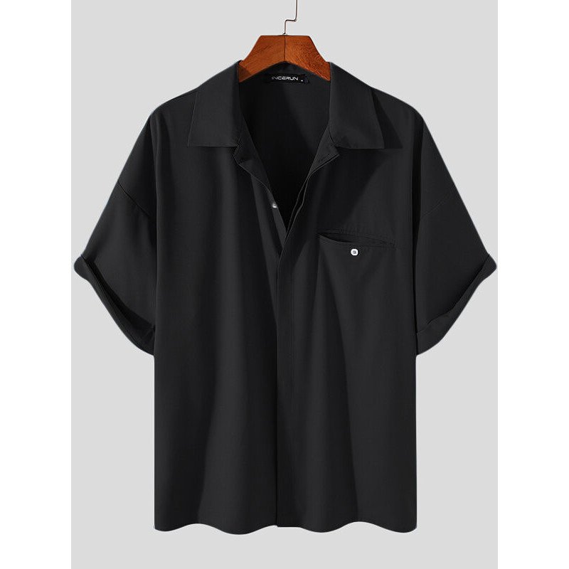 Plus Size Mens Solid Concealed Placket Lapel Casual Short Sleeve Shirts