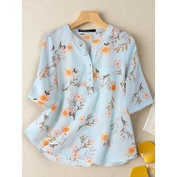Women Floral Plant Print Stand Collar Half Sleeve Blouse