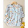 Women Floral Plant Print Stand Collar Half Sleeve Blouse