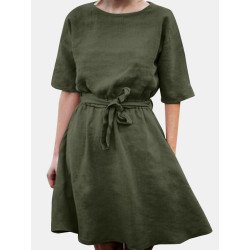 Solid Half Sleeve Pocket Crew Neck Dress With Belt