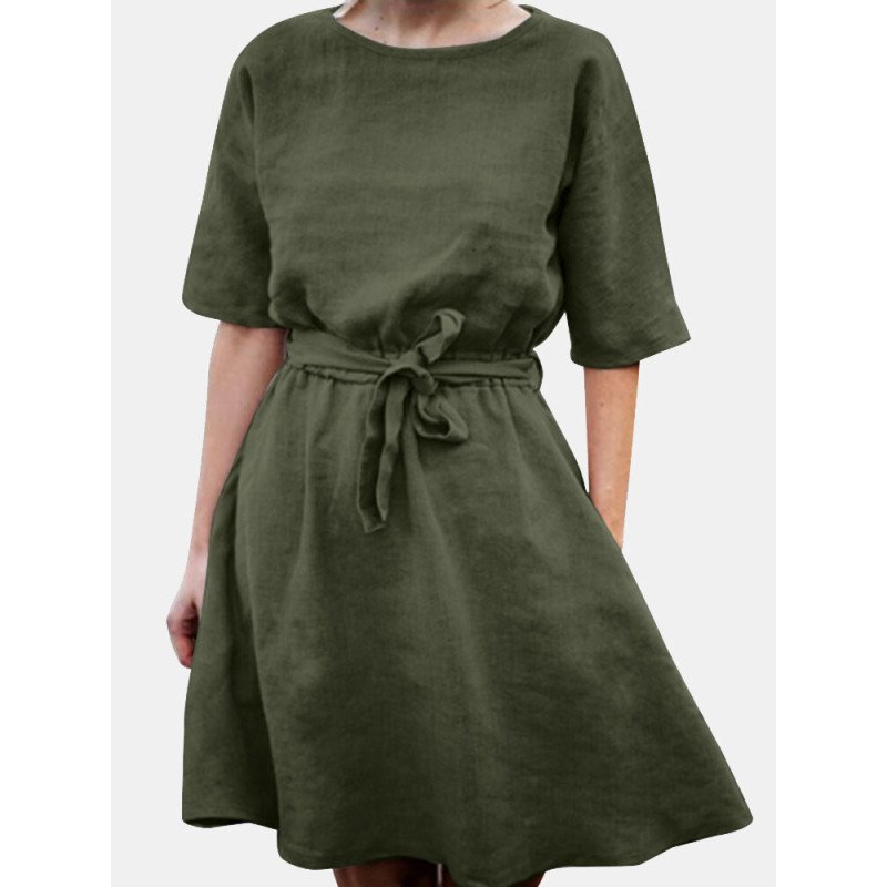 Solid Half Sleeve Pocket Crew Neck Dress With Belt