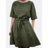 Solid Half Sleeve Pocket Crew Neck Dress With Belt